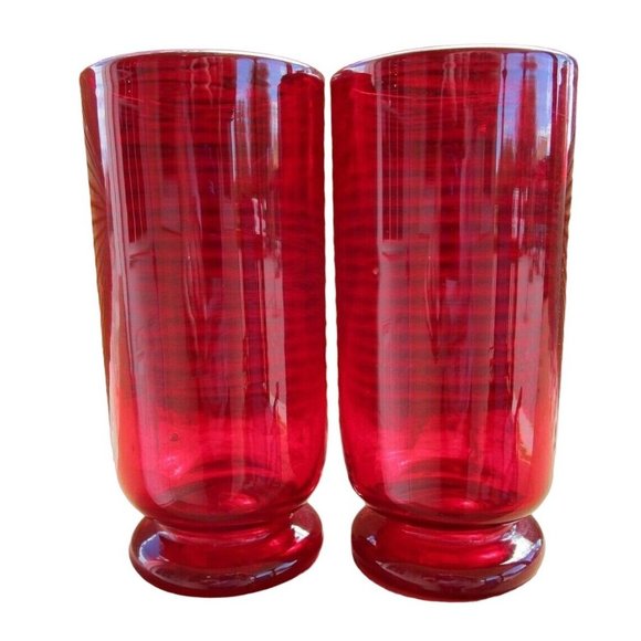 Vintage Ruby Red Footed Tumblers Hand Blown Rough Pontil Rolled Rim a Pair Very - Picture 4 of 12